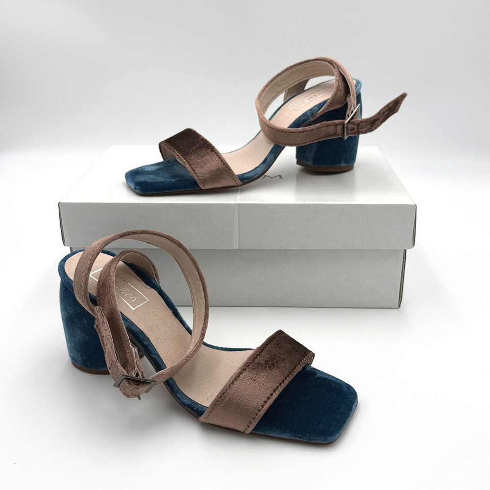 Ethem Dellwood FR02 Blue Velvet Bronze Strap Block Heel Sandals Size 37